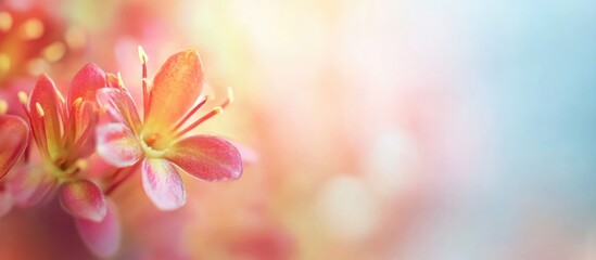Poster - Close-up of vibrant pink and orange flowers with soft focus background and bokeh effects, ample copy space on right
