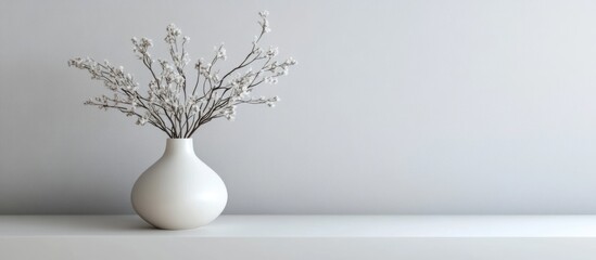 Poster - Minimalist white vase with dried branches on white surface against a light grey background with copy space