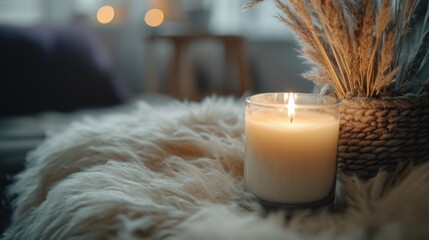 Poster - Lit candle on cozy fur surface with decorative woven basket and dried plants in soft focus background.