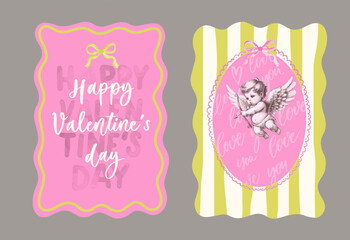 Wall Mural - wavy edge valentines day card invitation with hand drawn cupid.