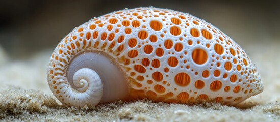 Poster - Close-Up of Colorful Spotted Sea Snail Shell on Sandy Beach Surface