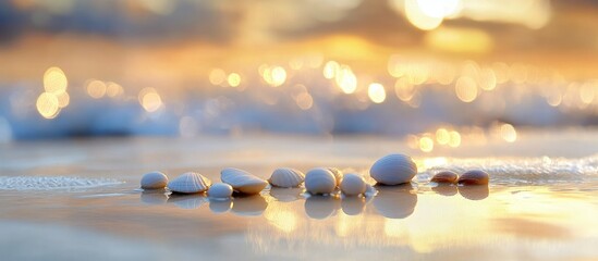 Aufkleber - Smooth pebbles on sandy beach with waves and bokeh sunset background