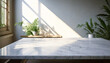 © anandart - Smooth white ceramic tabletop in a bright sunlit studio, ideal for product presentation, artistic photography, and minimalist design, clean and modern aesthetic with soft natural lighting
