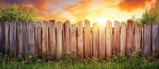 Poster - Wooden Fence with Sunset in Background and Green Grass in Foreground