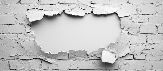 Poster - White brick wall with peeling plaster revealing clean surface behind, suitable for text placement, horizontal layout