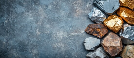 Poster - Assorted mineral rocks on gray textured background with copy space