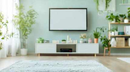 Poster - Blurred Modern living room with cozy decor featuring plants, a large television, and natural light in a serene setting
