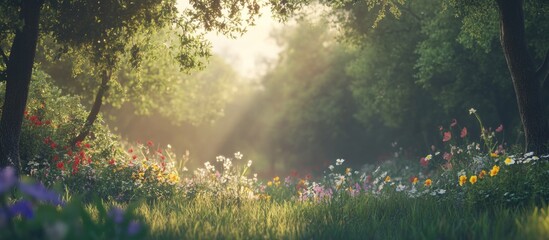 Poster - Sunlight Filtering Through Forest Trees onto a Meadow of Wildflowers
