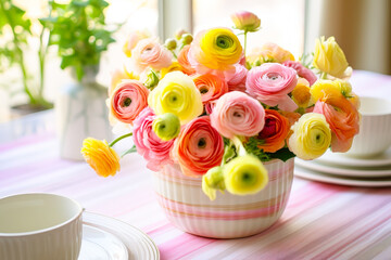 Poster - Colorful ranunculus flowers in a bowl on a table set for a spring brunch gathering