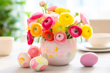 Wall Mural - Colorful ranunculus flowers arranged in a decorative vase with pastel Easter eggs on a bright table