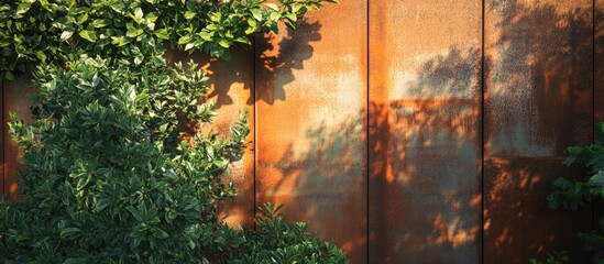 Poster - Rustic metal wall with green foliage casting shadows in sunlight