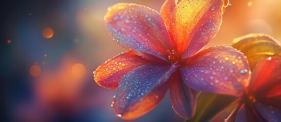 Poster - Close-up of vibrant flower with dew droplets in warm sunlight and bokeh background