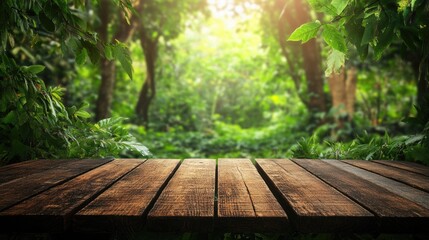 Poster - Wooden table in lush green forest with sunlight filtering through trees