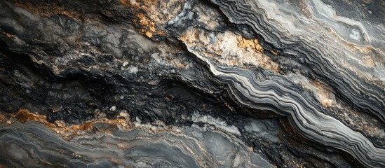 Poster - Abstract rock formation with intricate layers in shades of black, gray, and gold tones