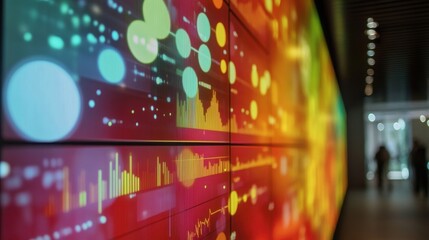 Poster - Large interactive display showing various colorful charts, graphs, and data visualizations, highlighting innovative production processes in a modern corporate setting