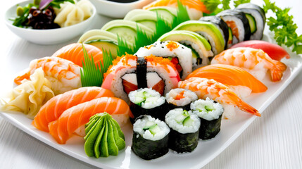 Poster - Delicious assortment of fresh sushi served on a platter with garnishes and side dishes