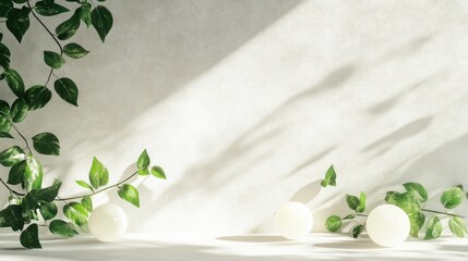 Poster - Minimalist Indoor Plant Decor with Shadows from Natural Light and Green Foliage on White Background with Copy Space