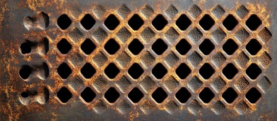 Poster - Rusty metallic grid with diamond-shaped openings and weathered texture