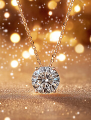 Wall Mural - Radiant Diamond Pendant Necklace: A dazzling solitaire diamond pendant necklace, showcasing a brilliant-cut gemstone, elegantly displayed against a shimmering gold backdrop.