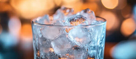 Poster - Glass of Ice Cubes with Warm Bokeh Background and Copy Space