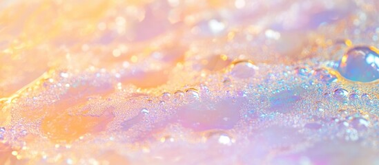 Poster - Close-up of Colorful Iridescent Soap Bubbles with Water Droplets and Copy Space
