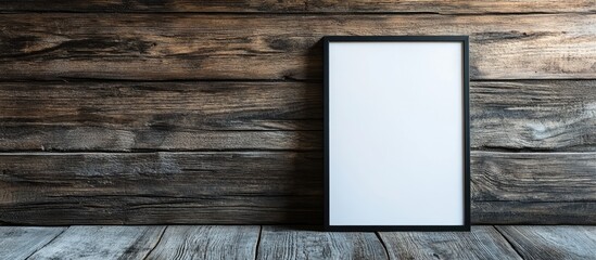 Poster - Blank picture frame on rustic wooden wall with floorboards and copy space