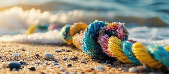 Poster - Close-up of colorful rope on sandy beach with small pebbles and ocean waves in background