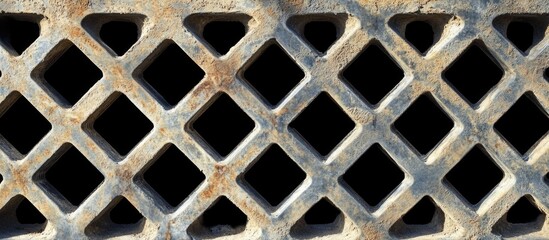 Poster - Close-up of rusty metal diamond-patterned grid with weathered texture and shadows