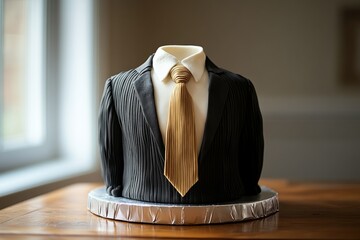 Wall Mural - Delicious suit-shaped cake with white shirt and gold tie celebrating a businessman's promotion