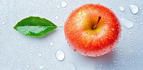 Wall Mural - A photo showcasing a solitary apple adorned with water droplets and a green leaf, on a white backdrop