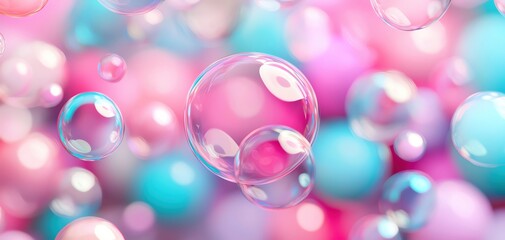 Poster - Colorful bubbles floating above a blurred pastel background create a joyful atmosphere.