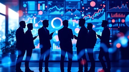 Wall Mural - silhouettes of businesspeople analyzing data charts against a financial background.
