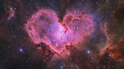 Wall Mural - ethereal cosmic heart formation glowing with swirling pink and purple nebulae, illuminated by distan