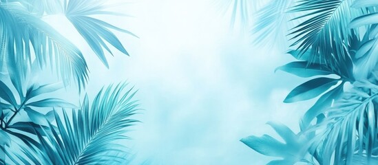 Poster - Tropical palm leaves background with teal foliage and misty light center creating natural border and copy space