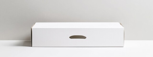 Poster - White cardboard box with cutout handle on white surface and gray background