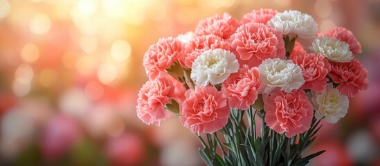 Poster - Bouquet of pink and white carnations with bokeh background and warm sunlight