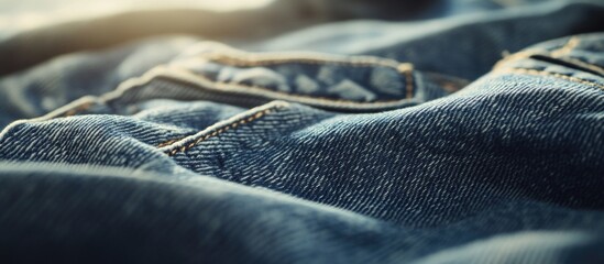 Poster - Close-up of blue denim fabric with sunlight illuminating texture and stitching details