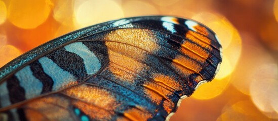 Poster - Close-up of butterfly wing with colorful patterns on blurred orange bokeh background