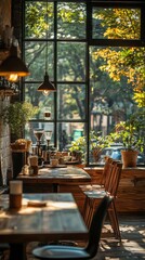 Poster - Morning sunlight streams through large windows, illuminating wooden tables and plants. A tranquil atmosphere invites patrons to sip coffee and savor the moment in this urban oasis