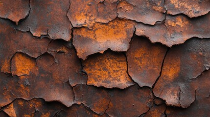 Poster - Rusty textured metal surface with cracked and peeling orange paint layers
