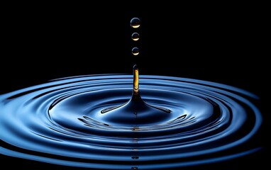 Aufkleber - Golden drop falling into dark blue water, creating ripples;  science background