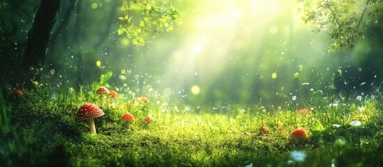 Poster - Sunlit Forest Meadow with Mushrooms and Greenery