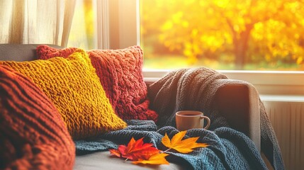 Poster - Cozy autumn living room scene with warm knit pillows and blanket on sofa near sunlit window with colorful foliage outside.