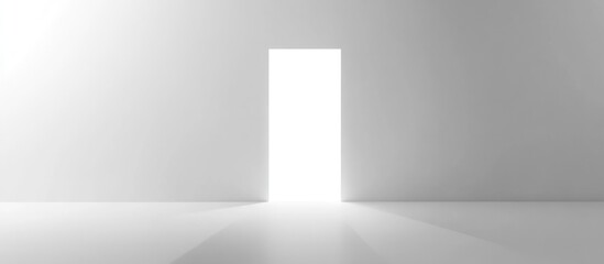 Poster - Bright open door in minimalist white room interior with soft shadows and copy space
