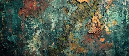 Poster - Rusty textured metal surface with peeling paint in shades of green and orange