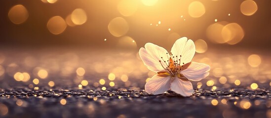 Aufkleber - Close-up of delicate white flower on textured surface with warm bokeh lights in the background