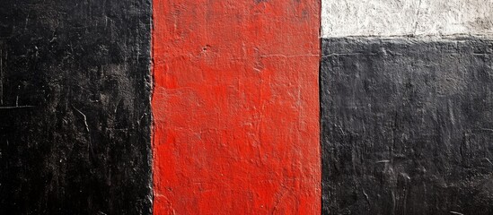 Poster - Abstract painting with red vertical stripe between black and white textured blocks