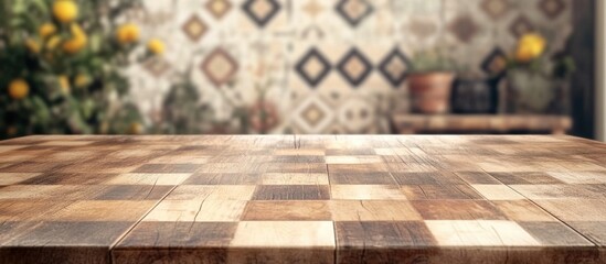 Aufkleber - empty wooden table with blurred tiled wall and garden background, warm lighting, suitable for produc