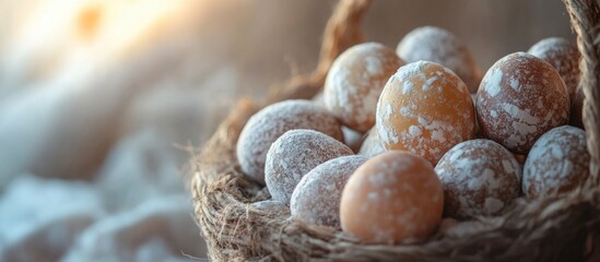 Wall Mural - Rustic Basket Filled with Dusted Marbled Easter Eggs in Soft Natural Lighting