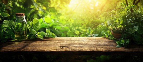 Poster - Wooden table with green leaves and sunlight in forest setting with copy space